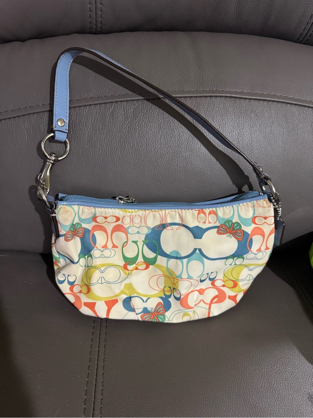 Coach Multicolor Signature Mini Wristlet with Light Blue Trim